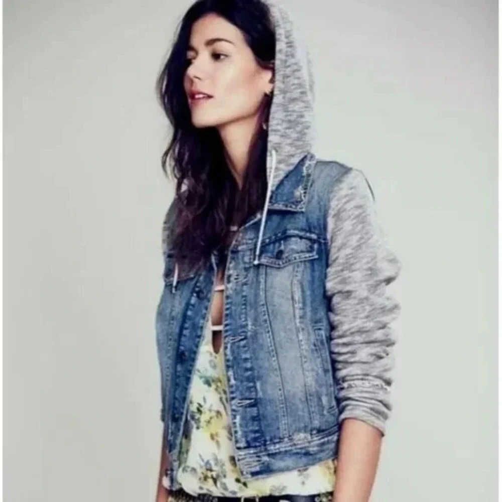 FREE PEOPLE Knit Hooded Denim Distressed Jacket Sz XS Blue Casual Stylish 49-15 - Picture 9 of 10